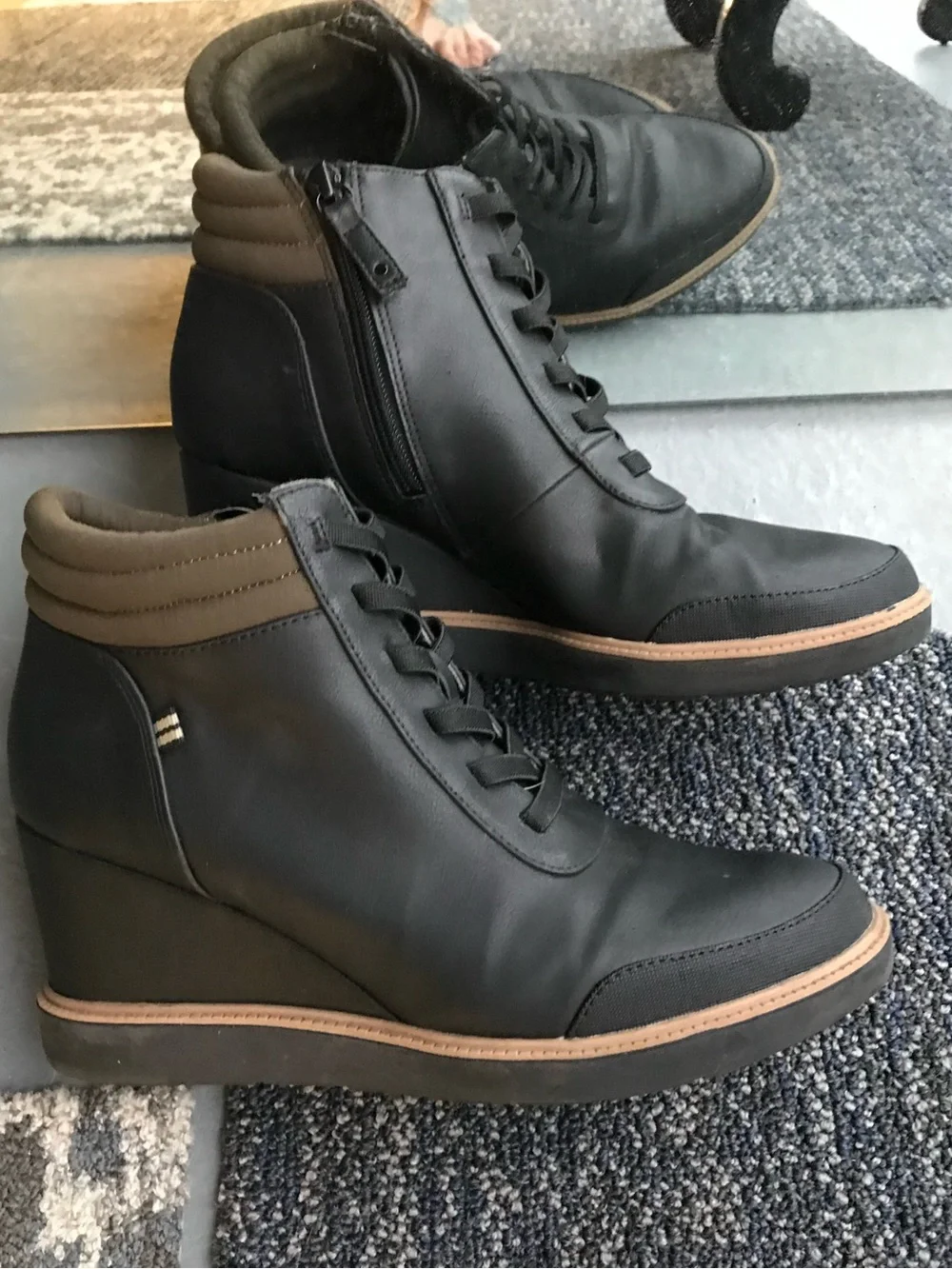 Dr. Scholl's Black Wedge Sneaker Boot with Olive Collar